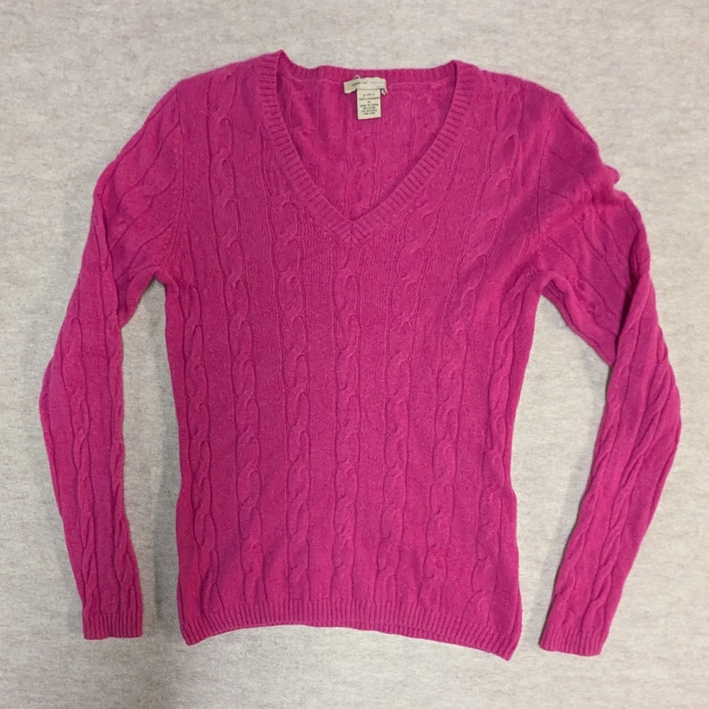 Cashmere Vertical Design 2-ply Cable Knit Fuchsia V Neck Sweater Size Medium